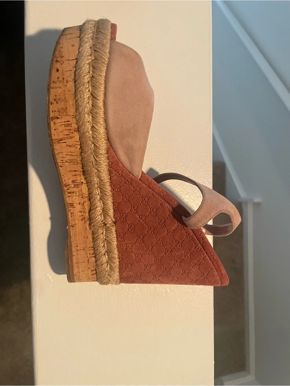 Gucci Blush Pink Suede Wedge Sandals with Ankle Strap